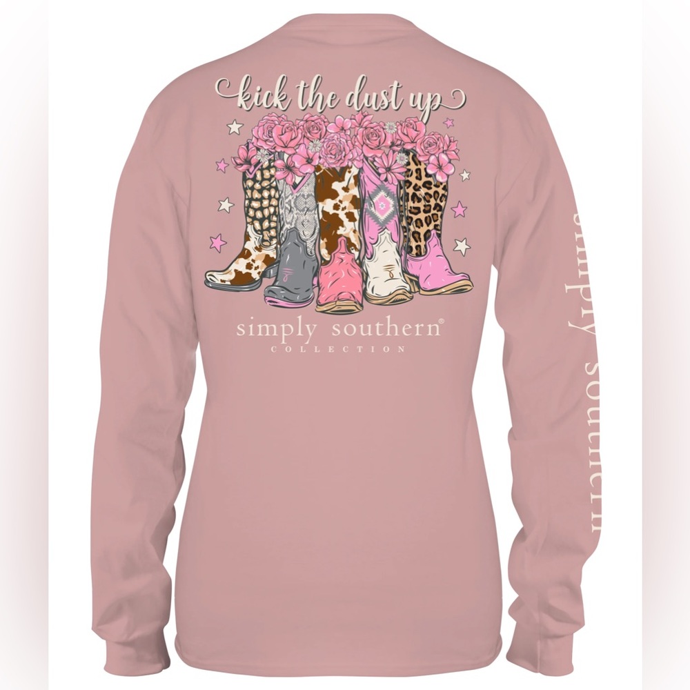 NWT Simply Southern pink graphic boots kick the dust up phrase long sleeve top